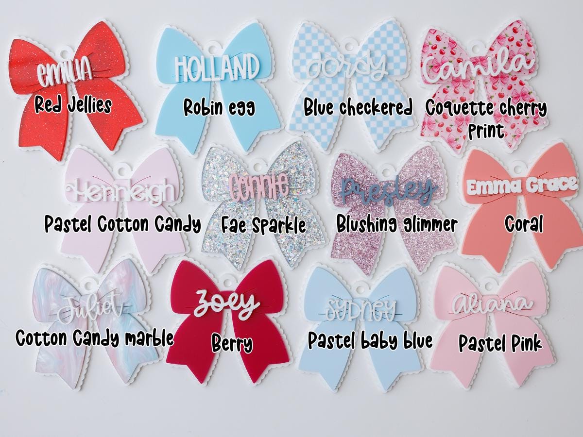 Scallop bow backpack name tag Bow backpack keychain Personalized keychain Gift for kids Custom bow keychain Personalized acrylic keychain