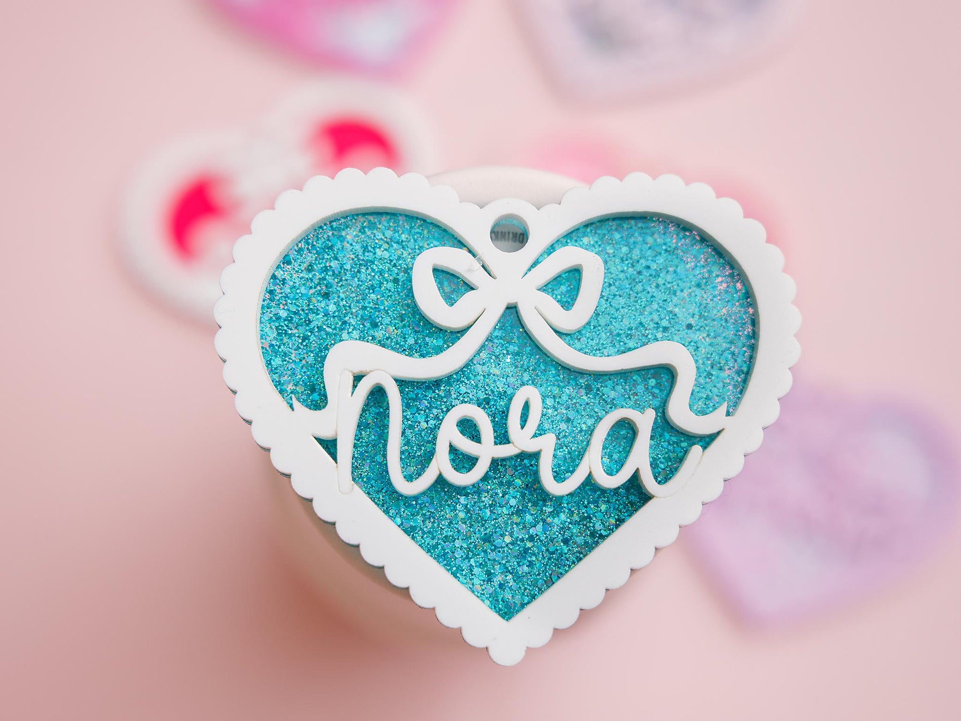 Scallop bow heart backpack name tag