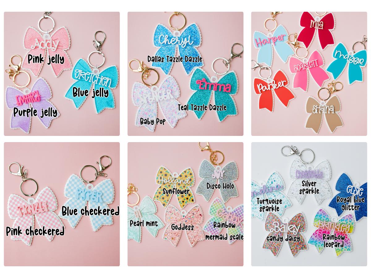 Scallop bow backpack name tag Bow backpack keychain Personalized keychain Gift for kids Custom bow keychain Personalized acrylic keychain