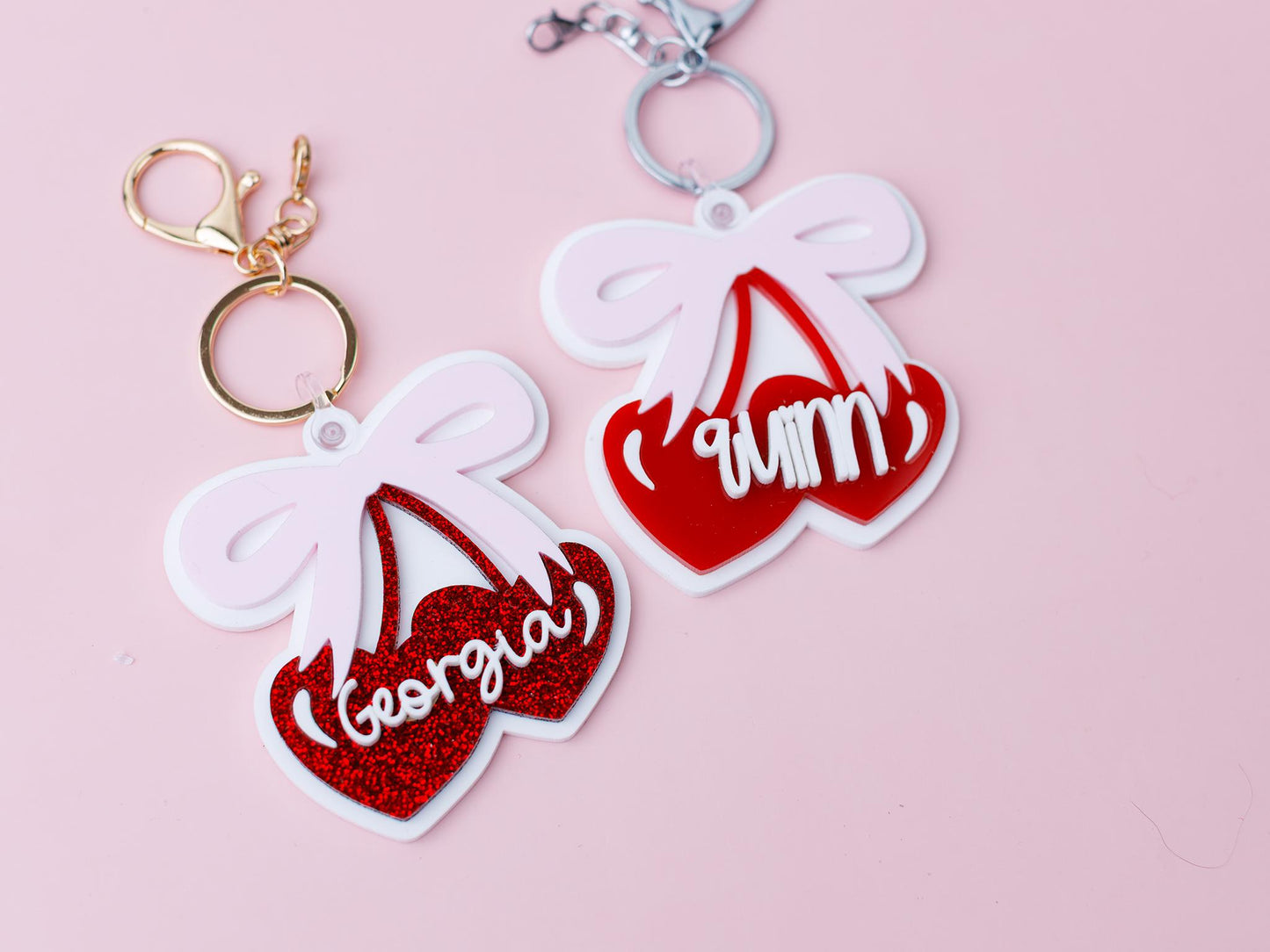 Coquette Cherry Bow Acrylic Backpack Tag Personalized heart shape cherries Keychain