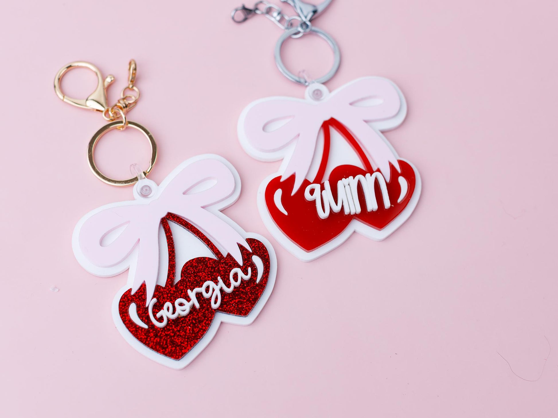 Coquette Cherry Bow Acrylic Backpack Tag Personalized heart shape cherries Keychain