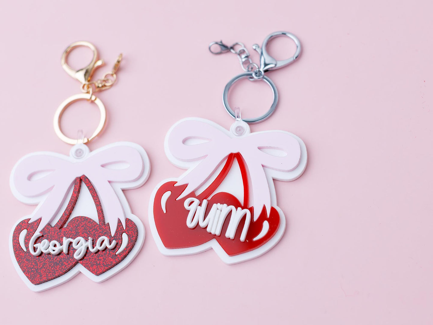 Coquette Cherry Bow Acrylic Backpack Tag Personalized heart shape cherries Keychain