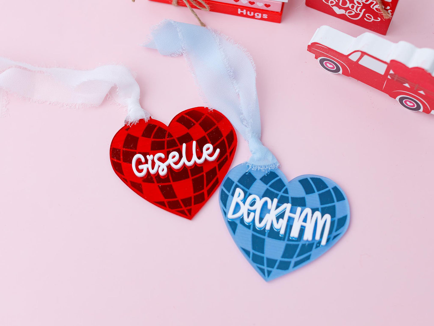 Valentines Day name tag Personalized Disco heart name tag Valentines Day gift for kids Disco heart keychain