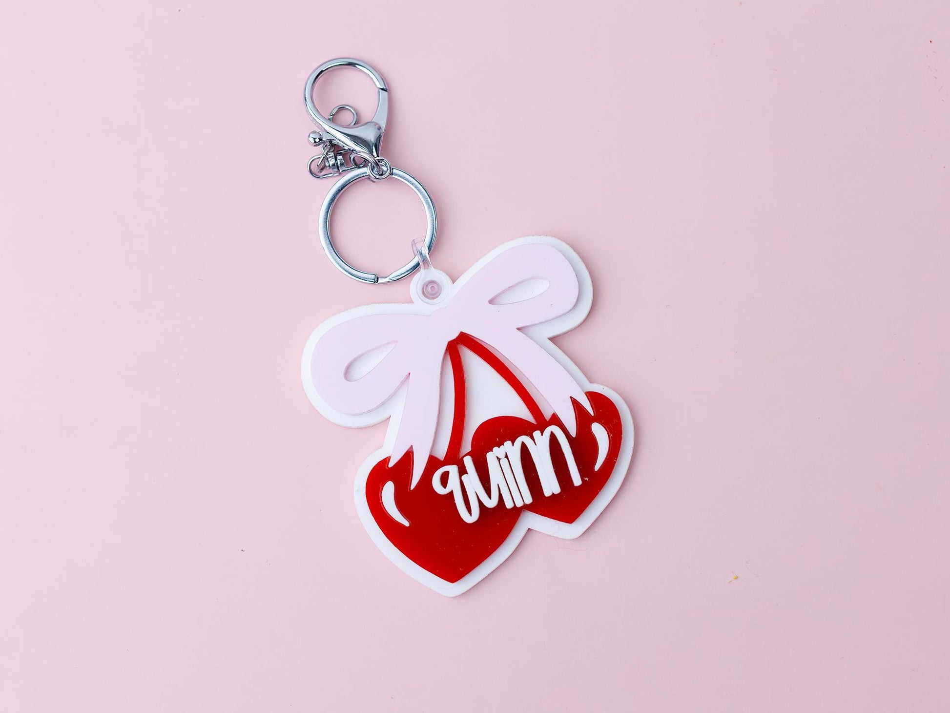 Coquette Cherry Bow Acrylic Backpack Tag Personalized heart shape cherries Keychain