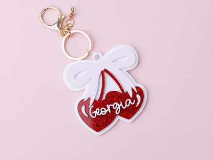 Coquette Cherry Bow Acrylic Backpack Tag Personalized heart shape cherries Keychain
