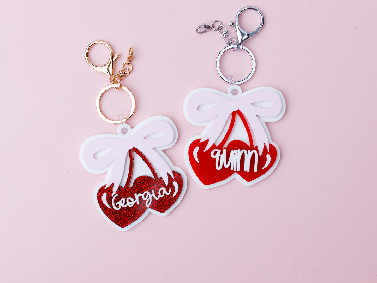 Coquette Cherry Bow Acrylic Backpack Tag Personalized heart shape cherries Keychain