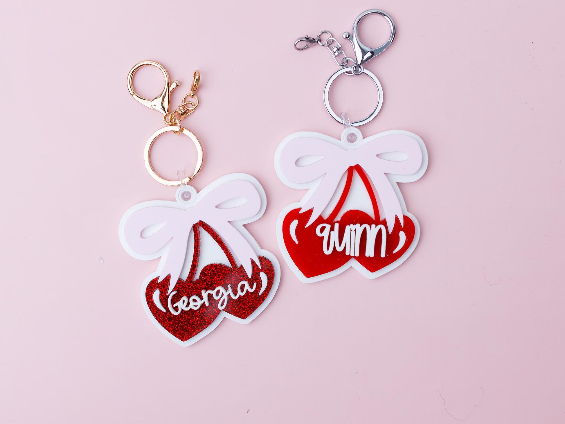 Coquette Cherry Bow Acrylic Backpack Tag Personalized heart shape cherries Keychain