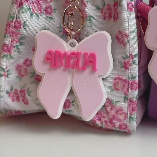 Personalized Bow backpack keychain Personalized keychain Gift for kids Personalized acrylic keychain Lunch bag name tag