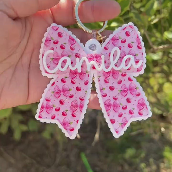 Scallop bow backpack name tag Bow backpack keychain Personalized keychain Gift for kids Custom bow keychain Personalized acrylic keychain