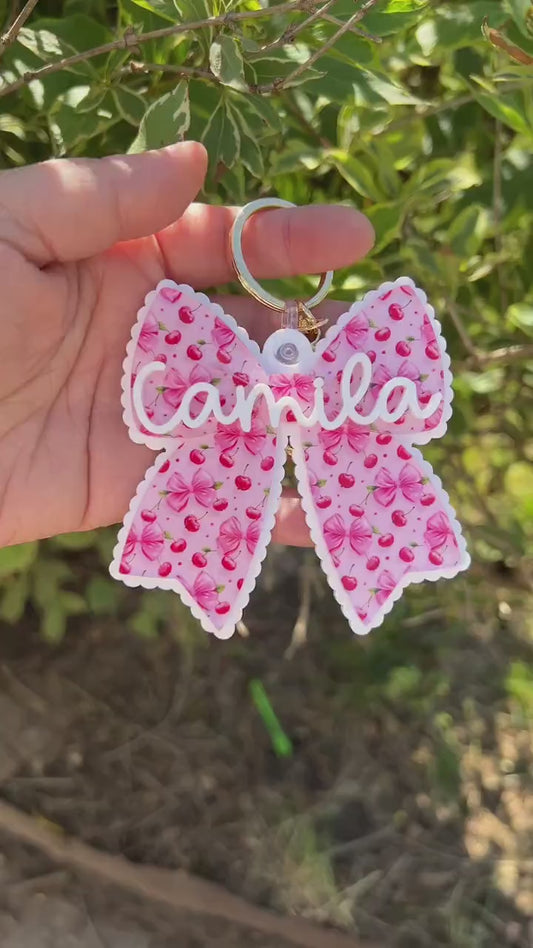 Scallop bow backpack name tag Bow backpack keychain Personalized keychain Gift for kids Custom bow keychain Personalized acrylic keychain