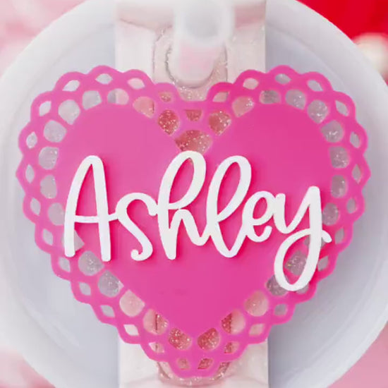 Personalized Pink Heart Tumbler Topper Personalized Valentines Day Tumbler Topper Personalized Acrylic Tumbler Name Tag Valentines Day gift