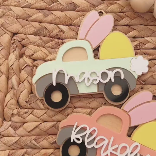 Pickup truck Easter Basket Name Tag , Personalized Bunny Ears Easter Name Tag Easter Truck Bunny Gift Tag