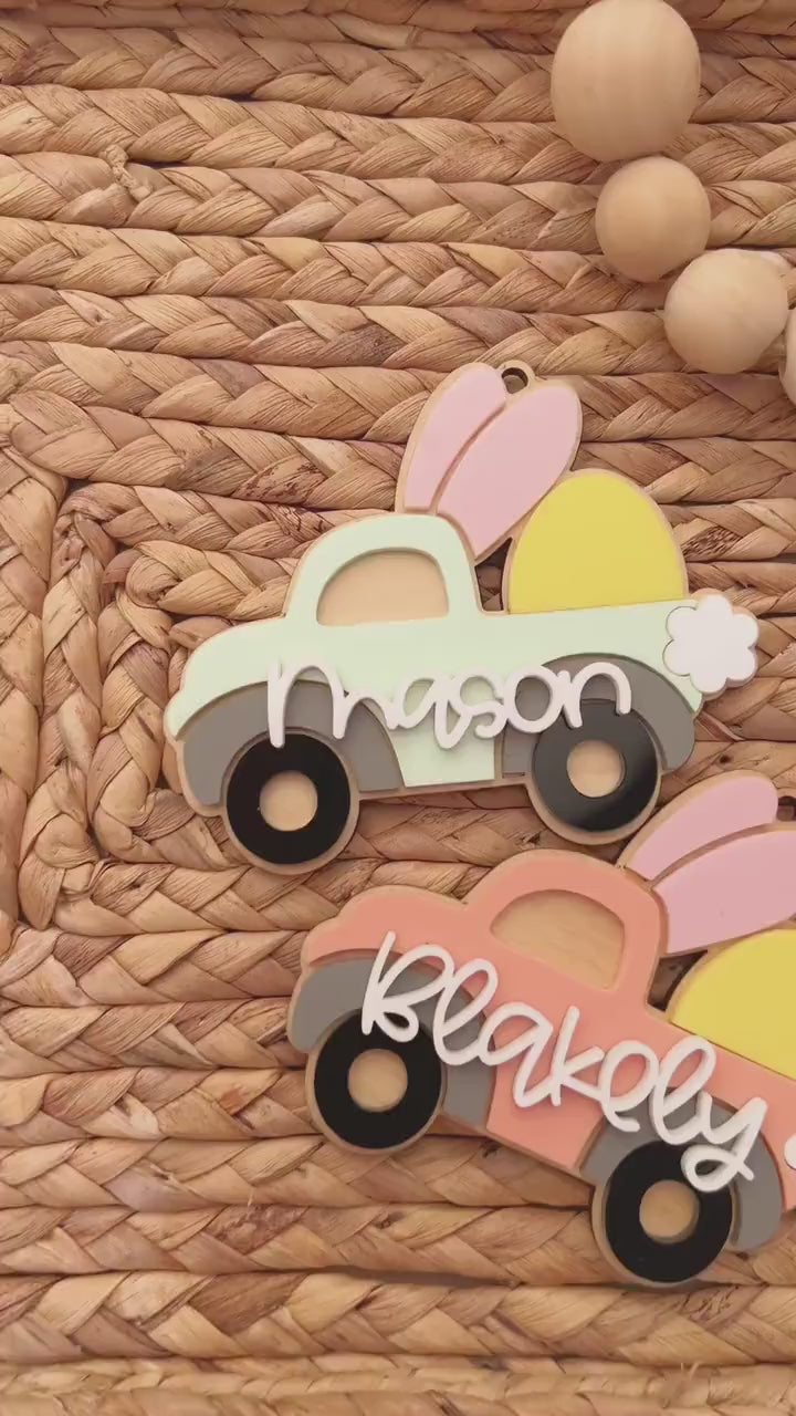 Pickup truck Easter Basket Name Tag , Personalized Bunny Ears Easter Name Tag Easter Truck Bunny Gift Tag