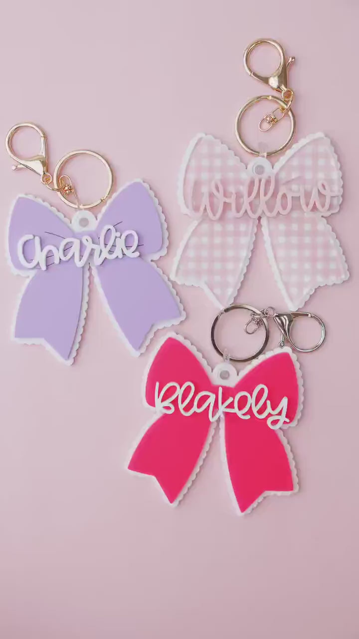 Scallop bow backpack name tag Bow backpack keychain Personalized keychain Gift for kids Custom bow keychain Personalized acrylic keychain